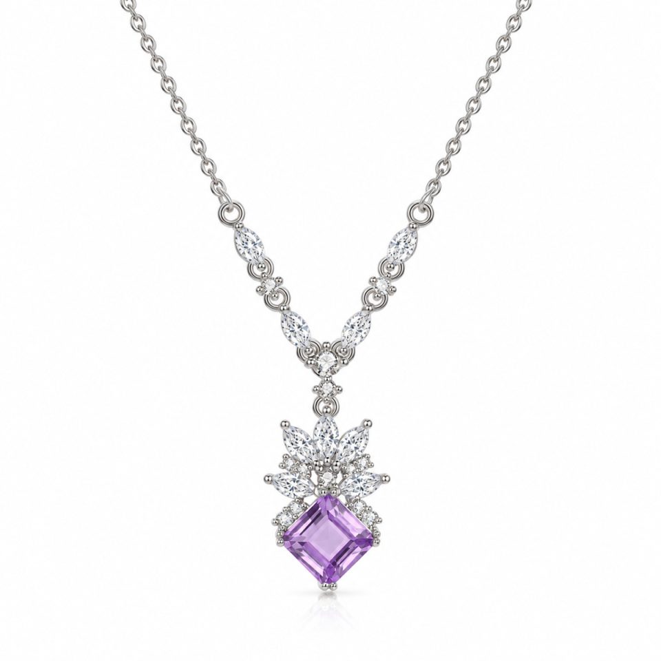 Vintage Y‑Shape Square Natural Gemstone Necklace With Zircon Leaf Details