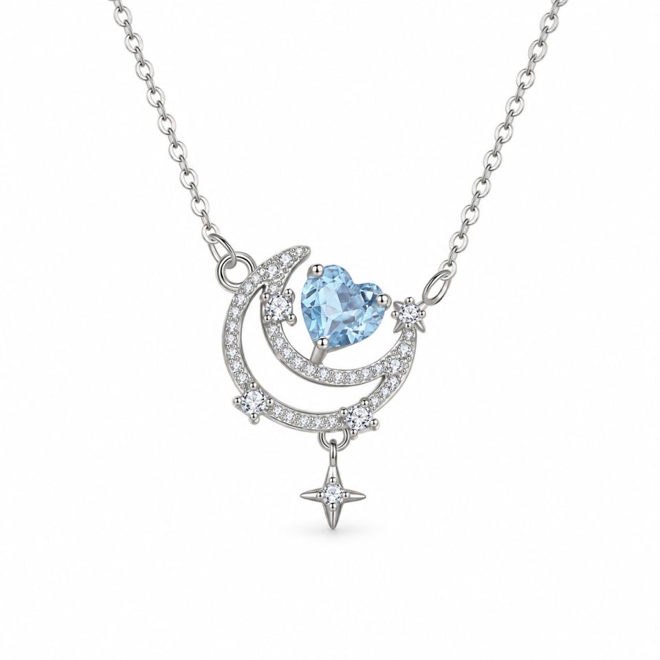 Crescent Moon Star Heart‑Cut Natural Gemstone Necklace With Zircon & Enamel