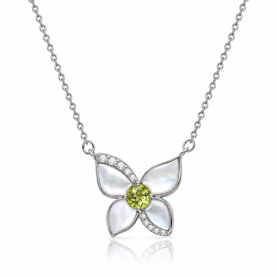 Butterfly Pendant Necklace with Mother of Pearl, Zircon & Round Natural Gemstone