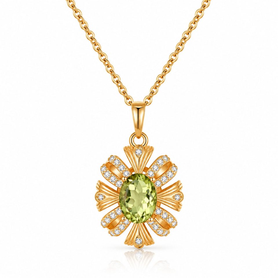 Vintage Floral Oval Natural Gemstone Pendant Necklace with Zircon, Gold & Silver Tone