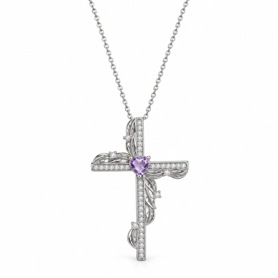 Winged Cross Heart‑Cut Natural Gemstone Pendant Necklace With Zircon