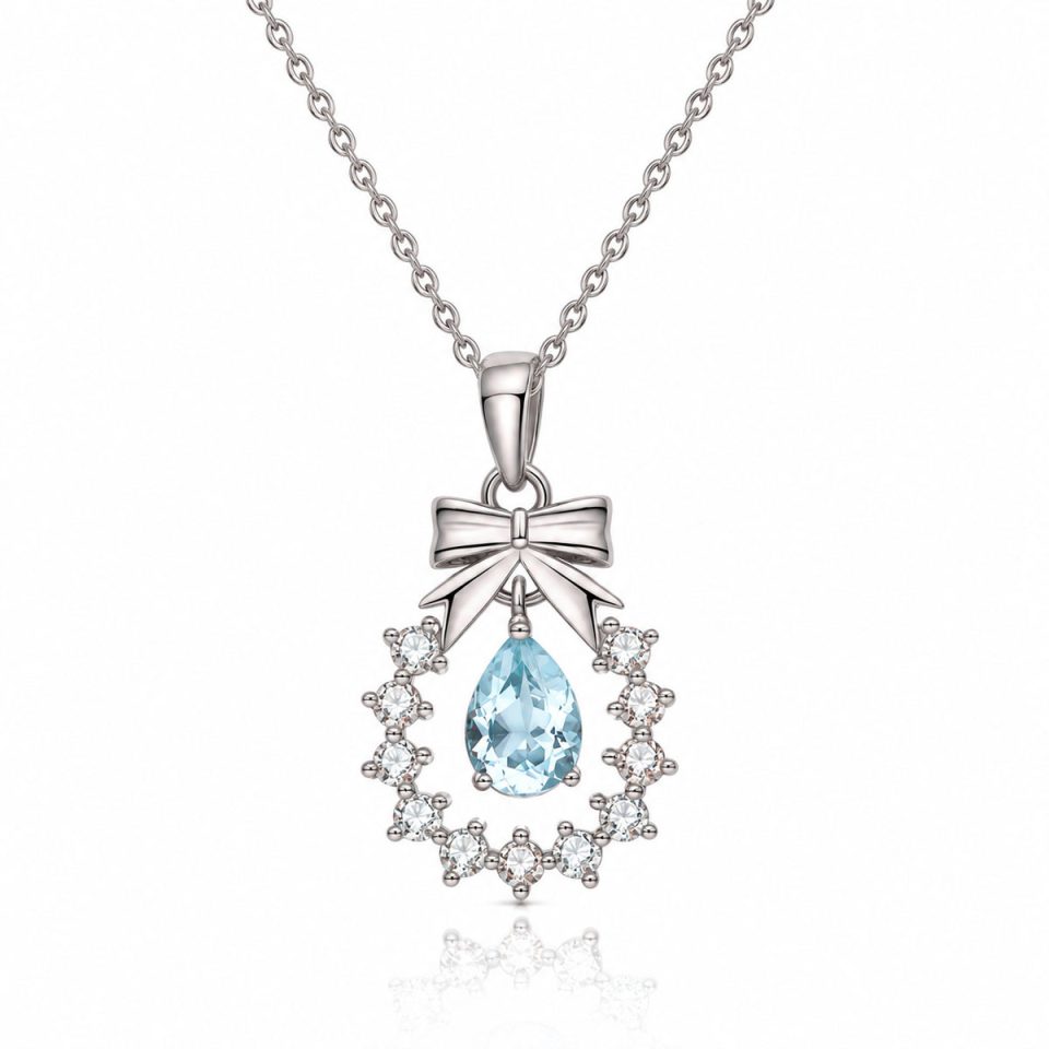 Bow‑Knot Teardrop Natural Gemstone Pendant Necklace With Zircon Halo