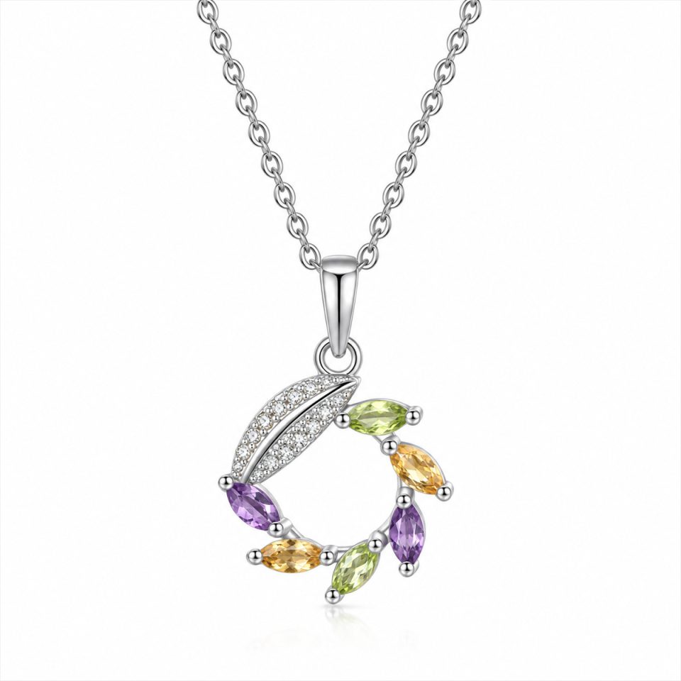 Leaf Wreath Multi‑Color Natural Gemstone Pendant Necklace
