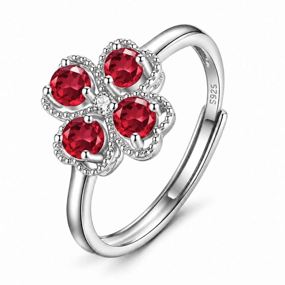 Four‑Leaf Clover Halo Adjustable Ring With Natural Gemstone