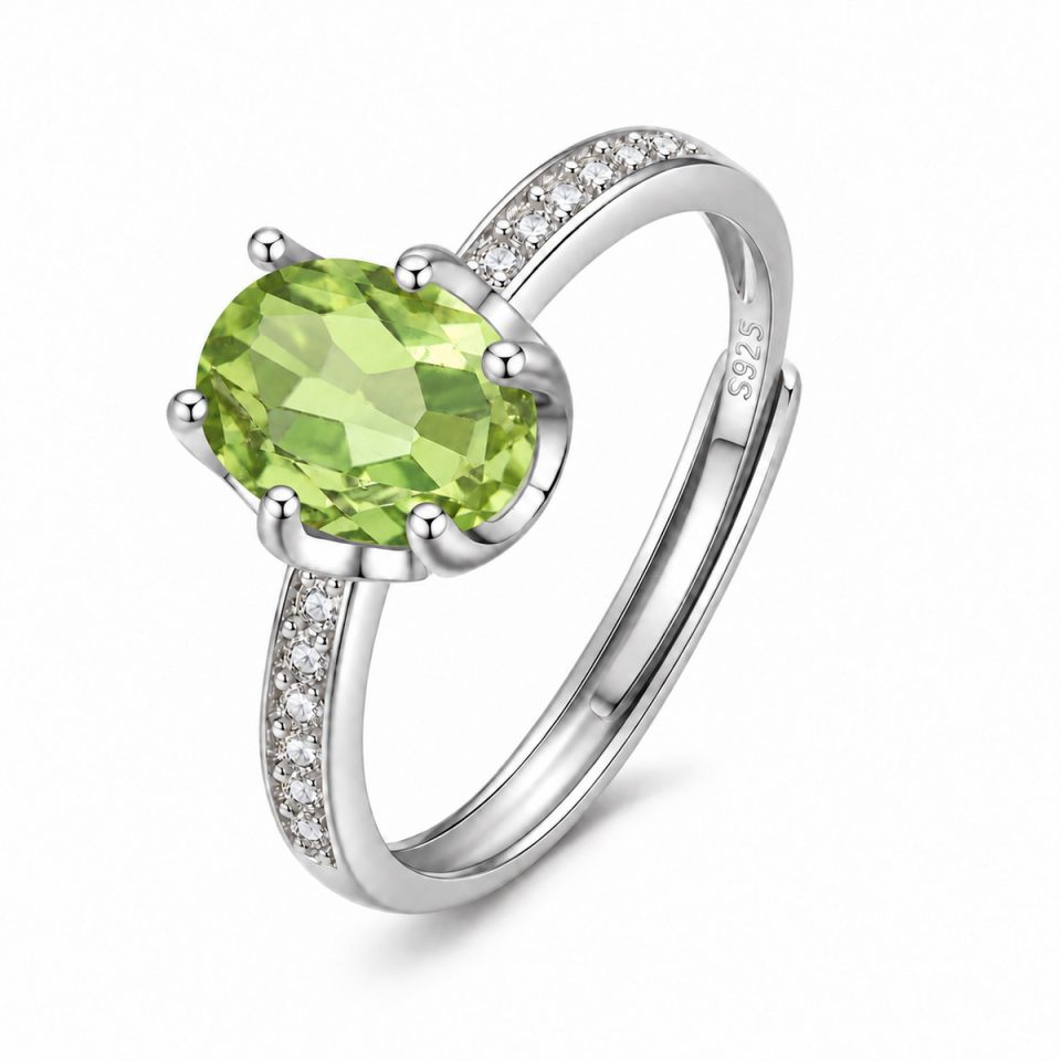 Oval Six‑Prong Adjustable Band Ring With Natural Gemstone