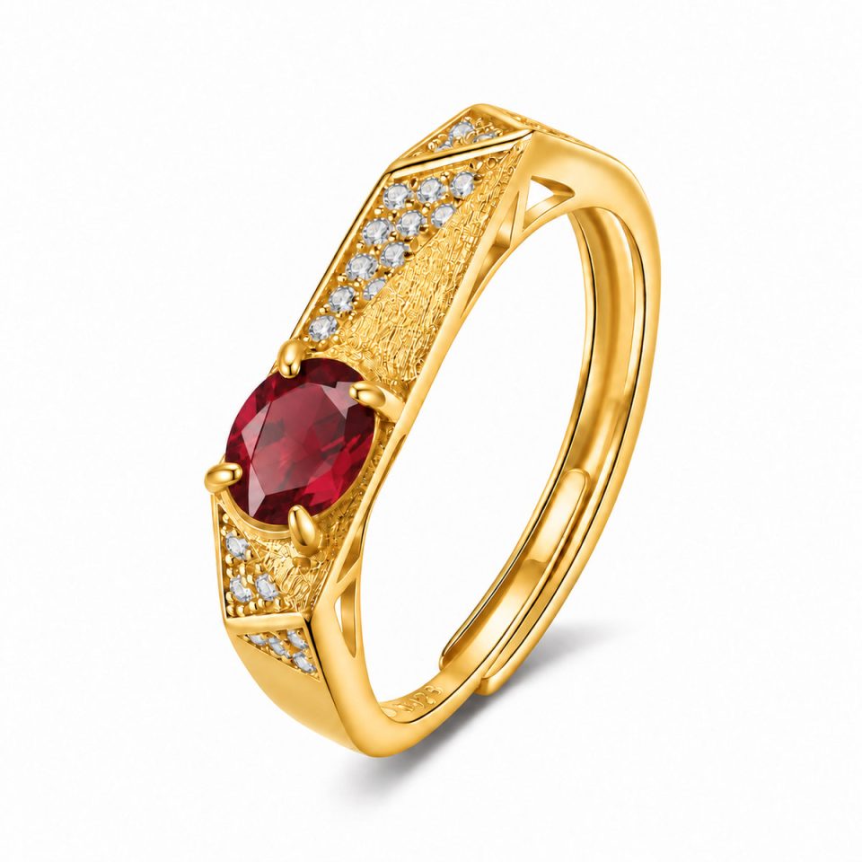 Vintage Brushed Solitaire Adjustable Ring With Natural Gemstone | Gold & Silver