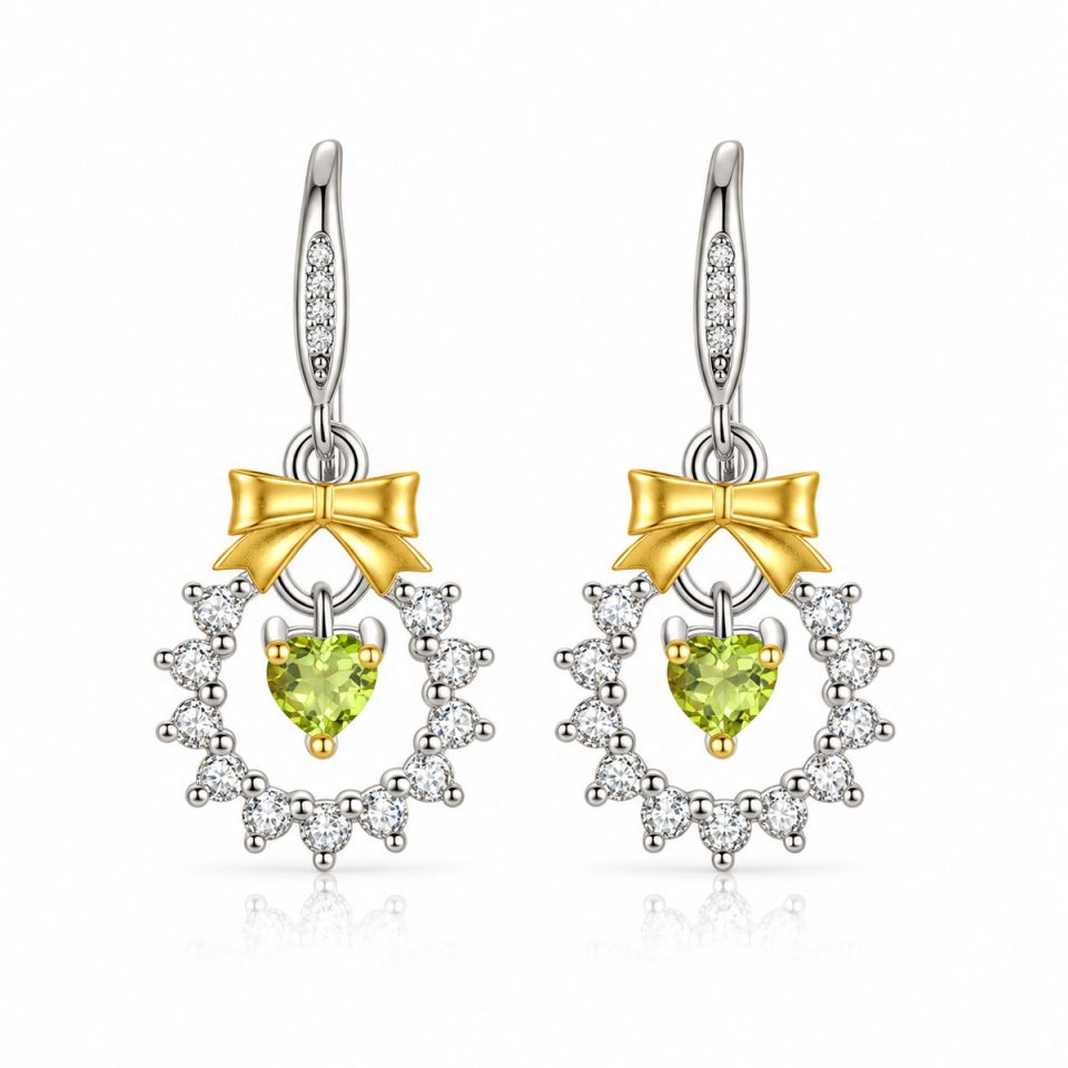 Two‑Tone Bow Wreath Heart‑Cut Natural Gemstone Hook Dangle Earrings