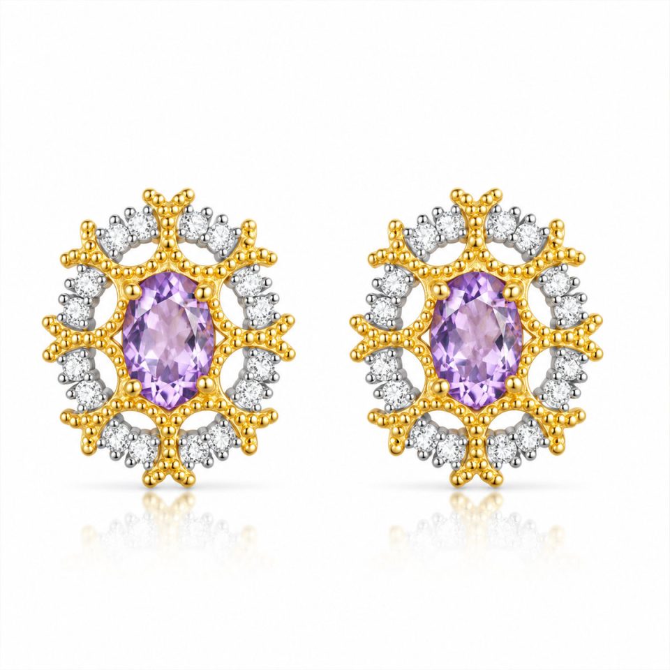 Two‑Tone Snowflake Oval Natural Gemstone Stud Earrings