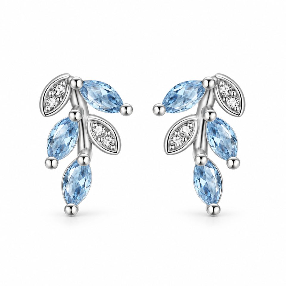 Marquise‑Cut Leaf Branch Natural Gemstone Stud Earrings