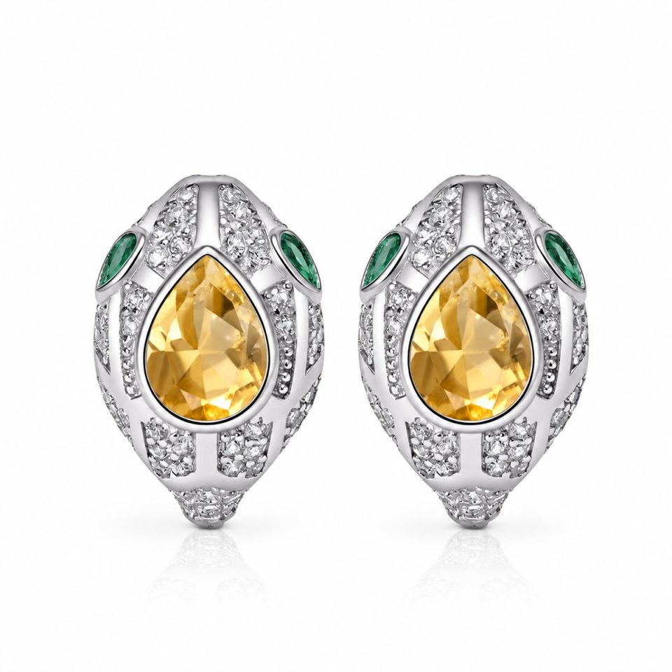 Teardrop Snake Motif Natural Gemstone Huggie Hoop Earrings