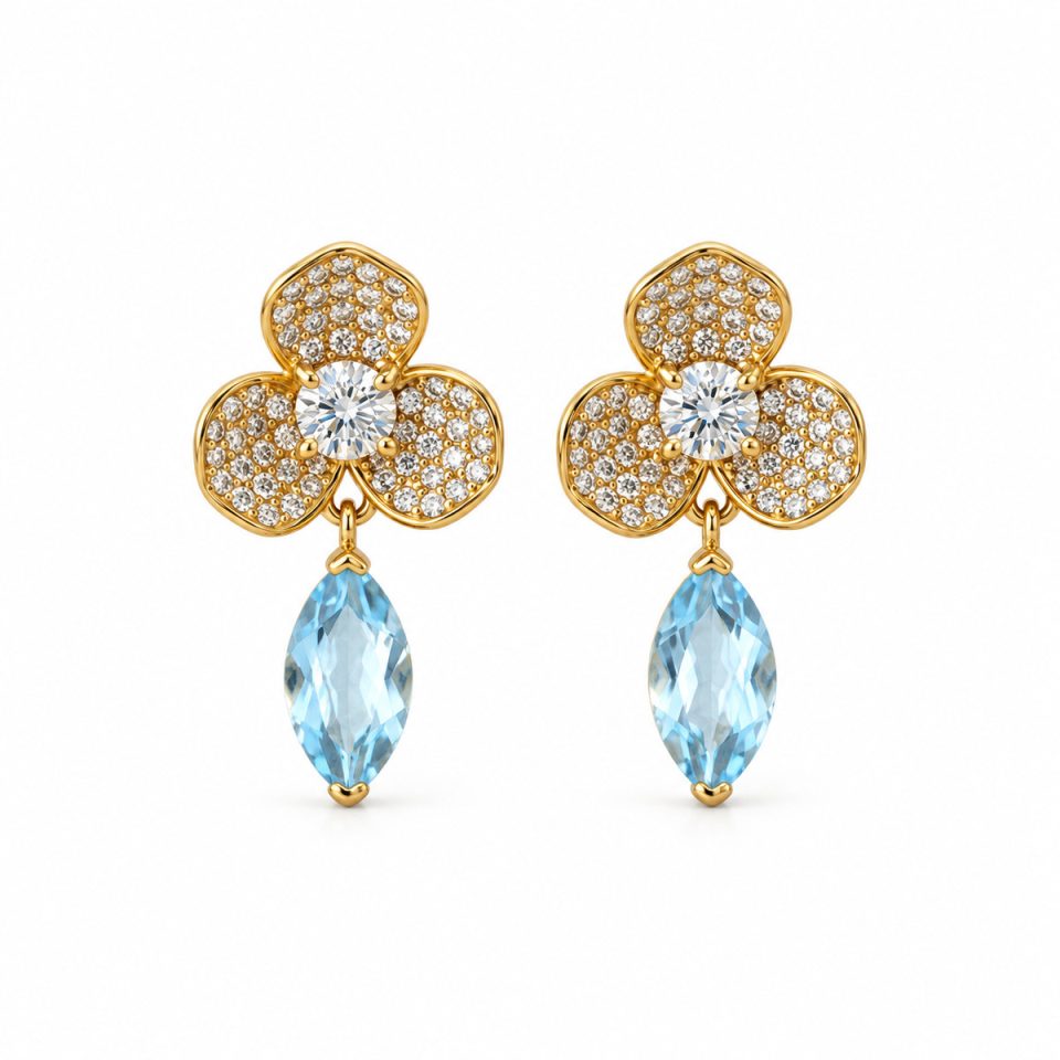 Gold‑Tone Clover Flower Drop Earrings With Marquise Natural Gemstone