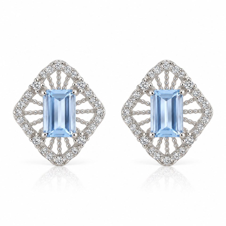 Vintage Openwork Rhombus Natural Gemstone Stud Earrings