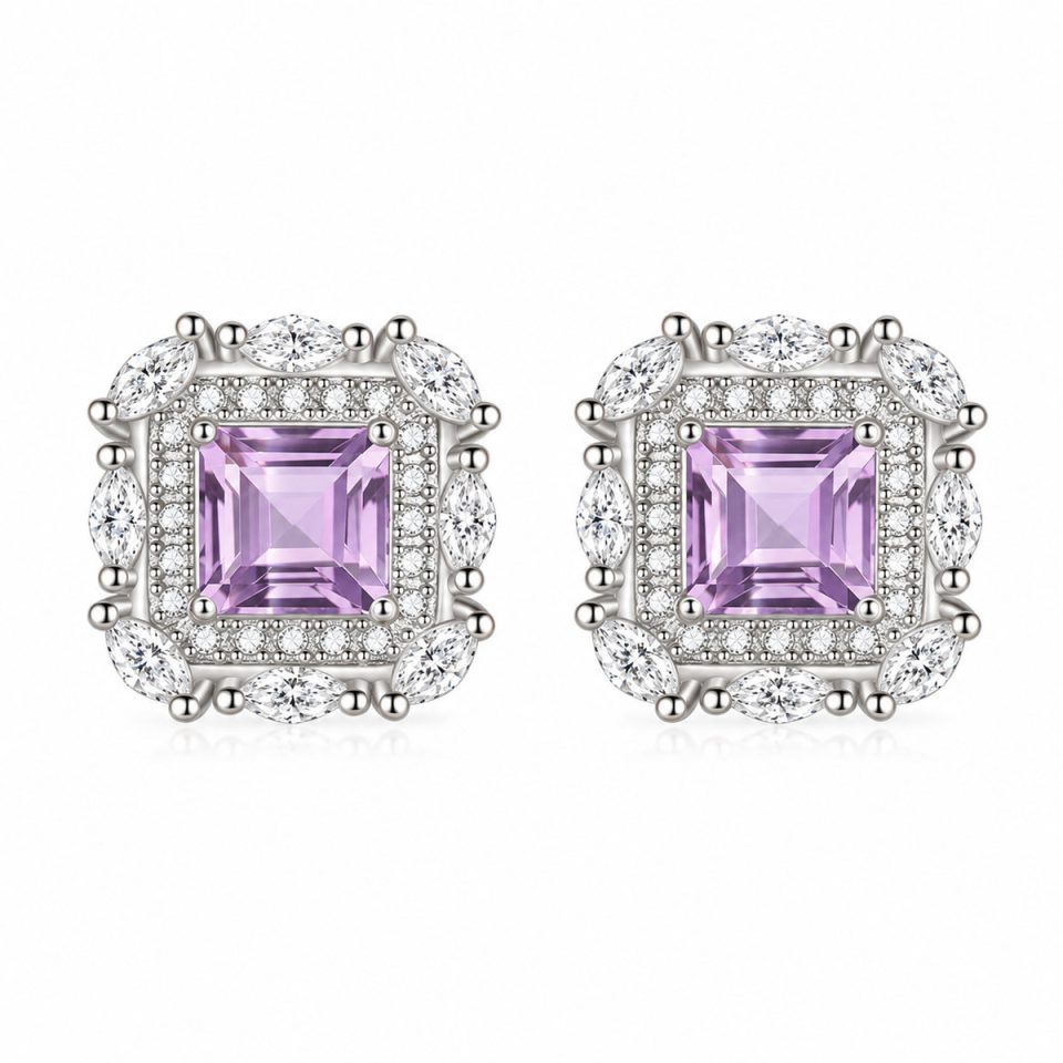 Vintage Double Halo Square Natural Gemstone Stud Earrings
