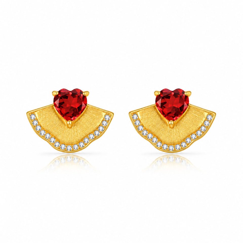 Heart Natural Gemstone Fan Shaped Stud Earrings Two Tone Options