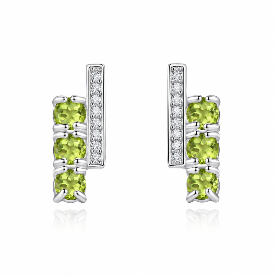 Vertical Three Round Natural Gemstone Bar Stud Earrings