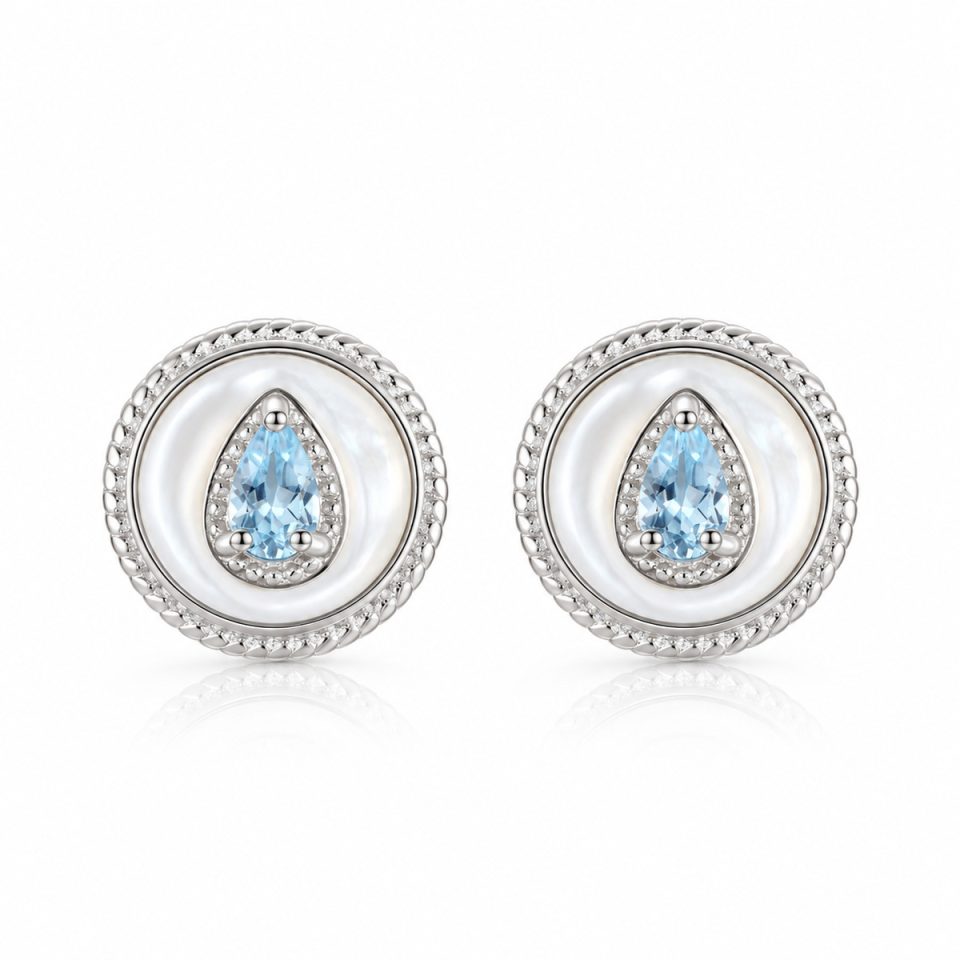Teardrop Natural Gemstone White Mother Of Pearl Round Stud Earrings