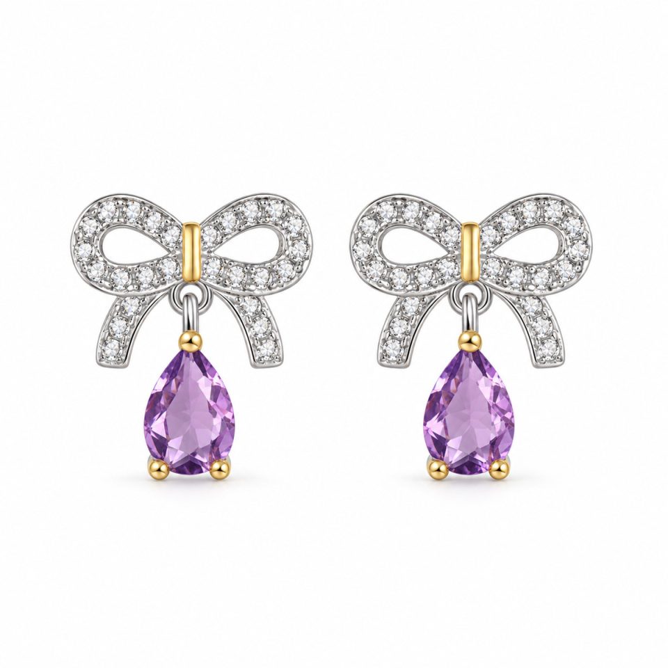 Bow Drop Teardrop Natural Gemstone Dangle Stud Earrings