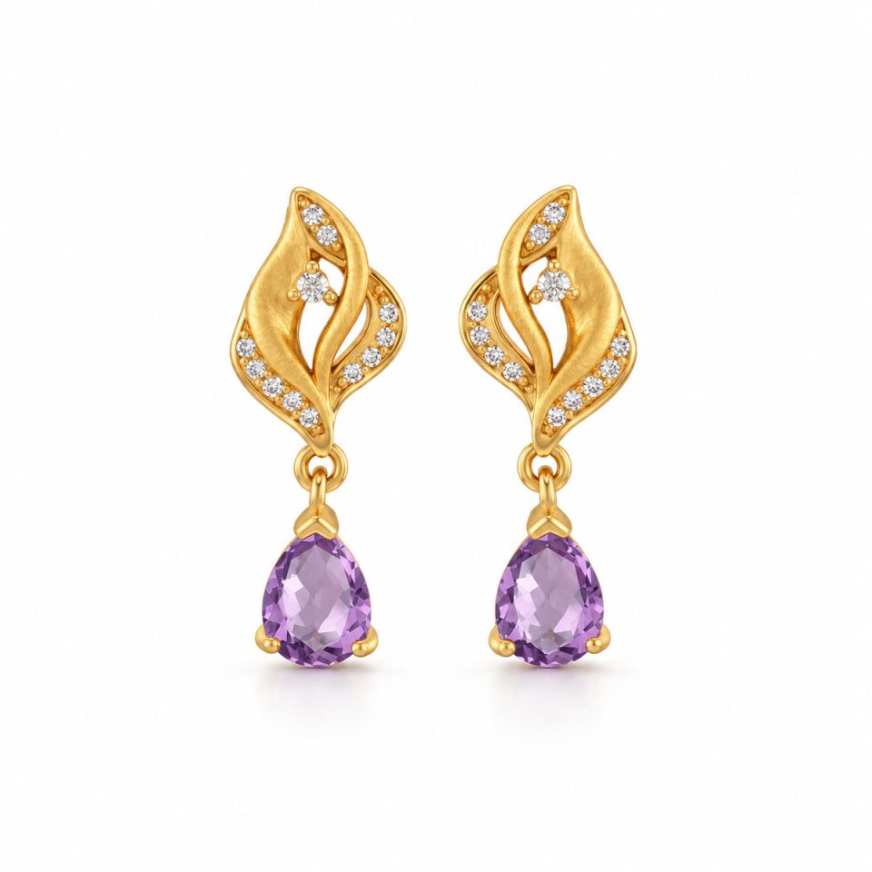 Brushed Leaf Drop Earrings With Natural Gemstone