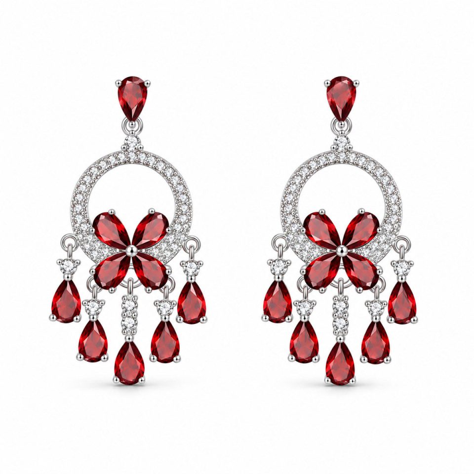 Floral Circle Tassel Drop Earrings With Natural Gemstone