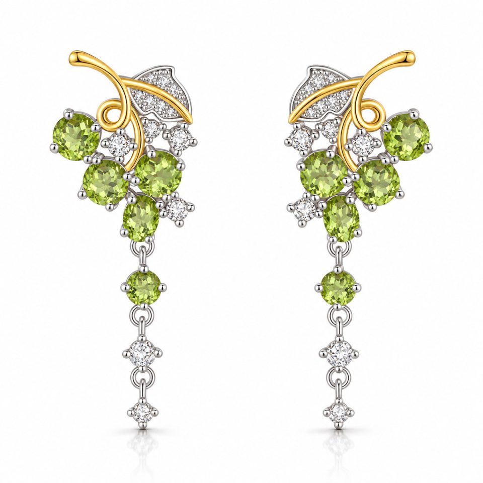 Grape Vine Dangle Drop Earrings With Natural Gemstone