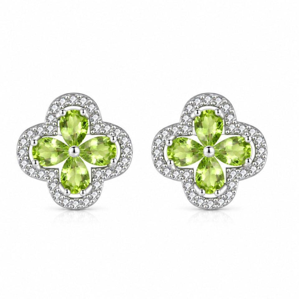 Four‑Leaf Clover Halo Drop Earrings With Natural Gemstone