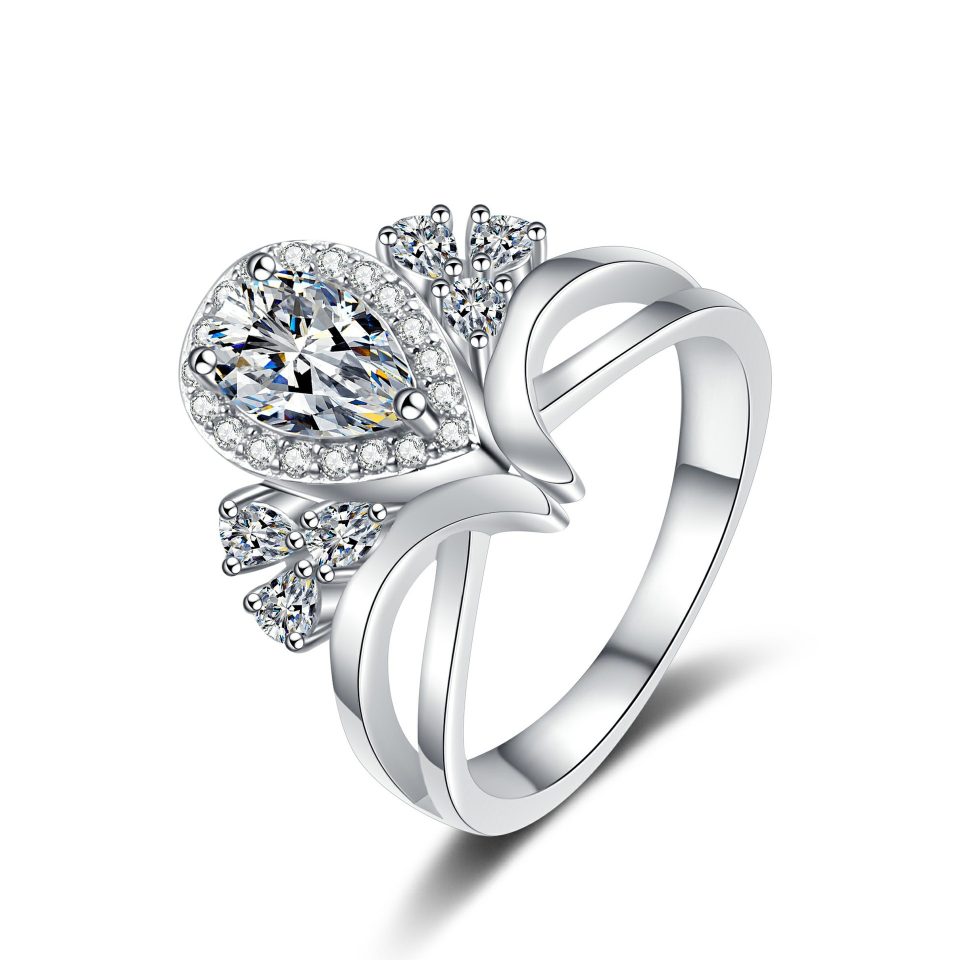 1ct Pear Cut Moissanite Floral Halo Split Shank Ring