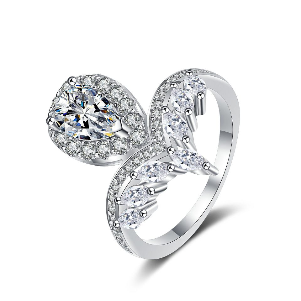 1ct Pear Cut Halo Moissanite Open Leaf Design Ring