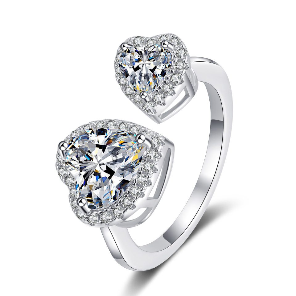 2.5ct Total Carat Double Heart Halo Moissanite Bypass Ring