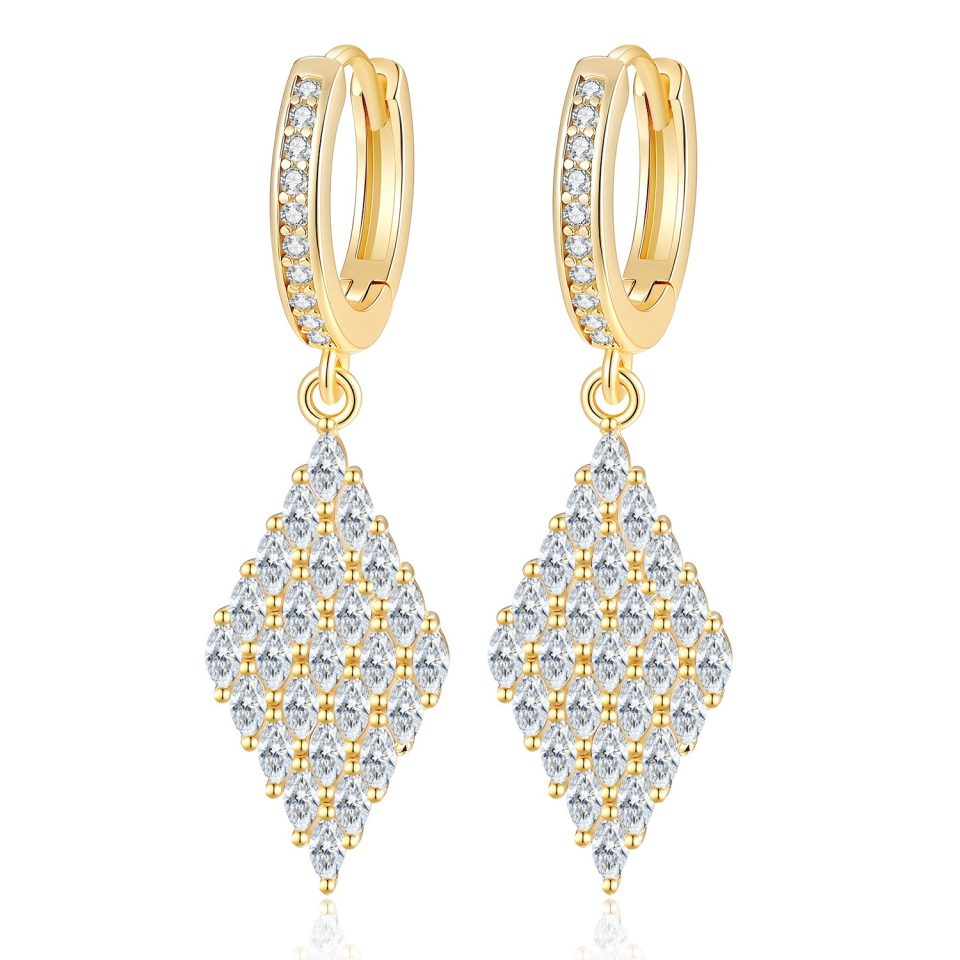 Pave Rhombus Drop Moissanite Huggie Hoop Earrings | Gold & Silver Tone Options