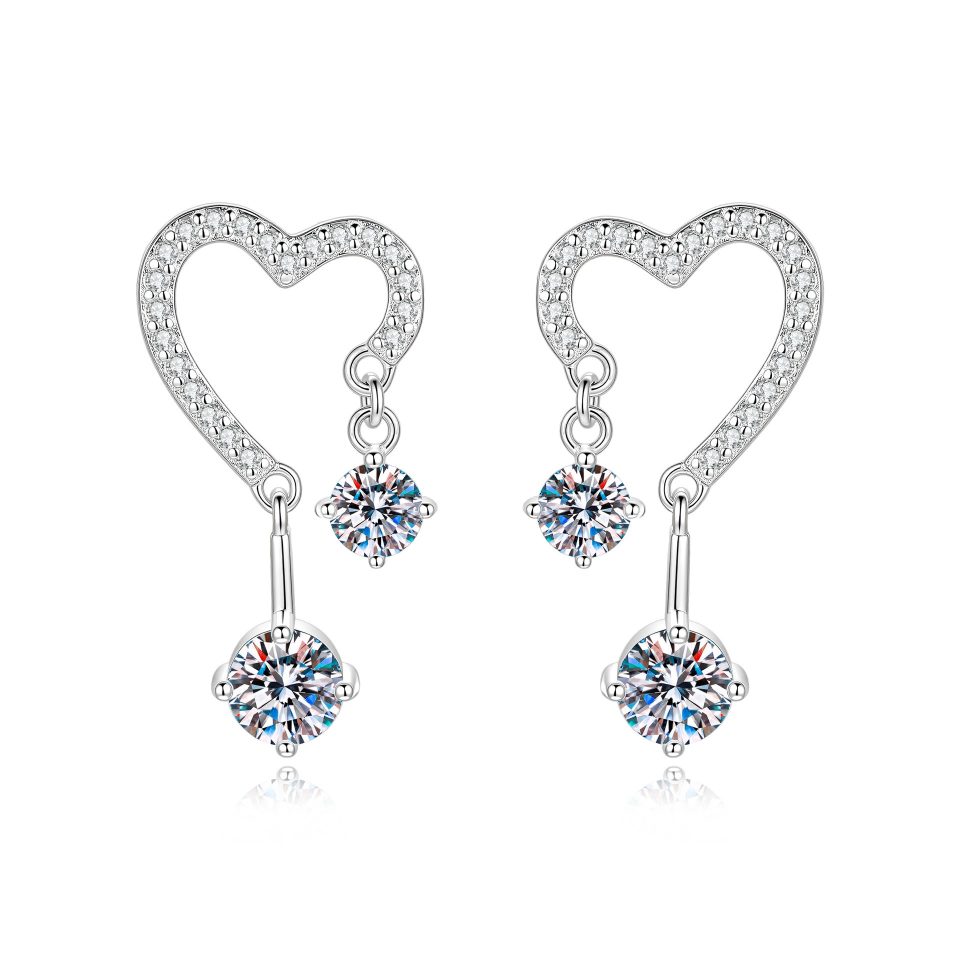 Open Hollow Heart Dangle Moissanite Earrings | 0.3ct & 0.5ct Stones Per Earring