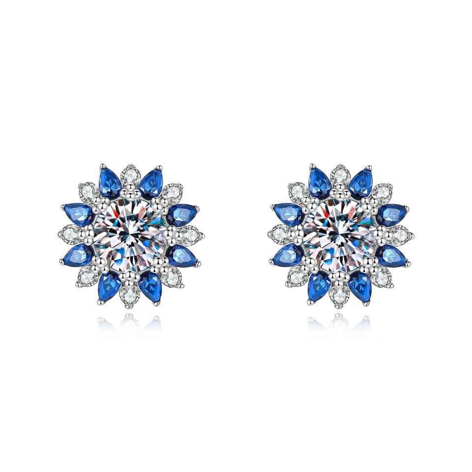 Sunflower Halo Blue Accent Moissanite Stud Earrings | 1ct Center Stone Per Earring