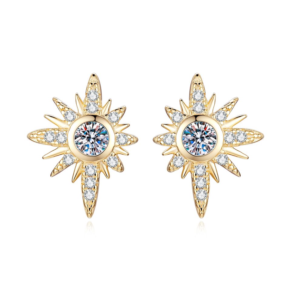 Gold Tone Starburst Moissanite Stud Earrings | 0.3ct Center Stone Per Earring