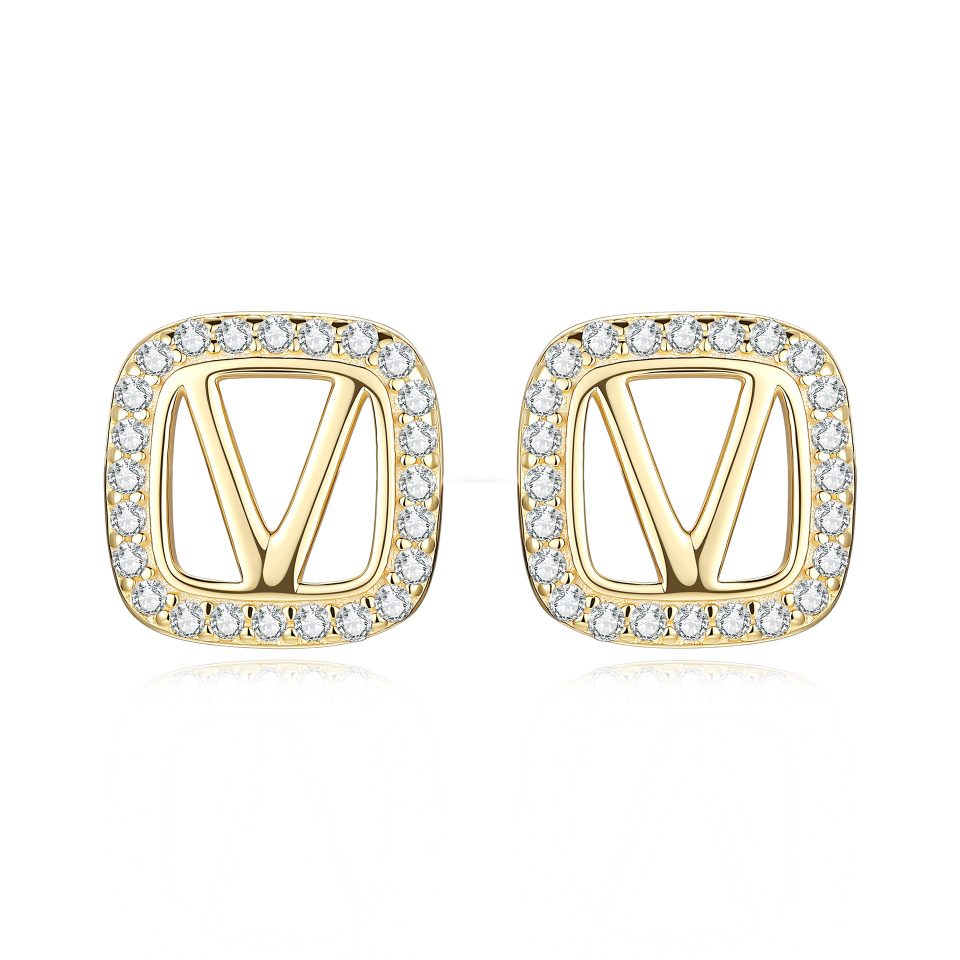 Square V Letter Halo Moissanite Stud Earrings