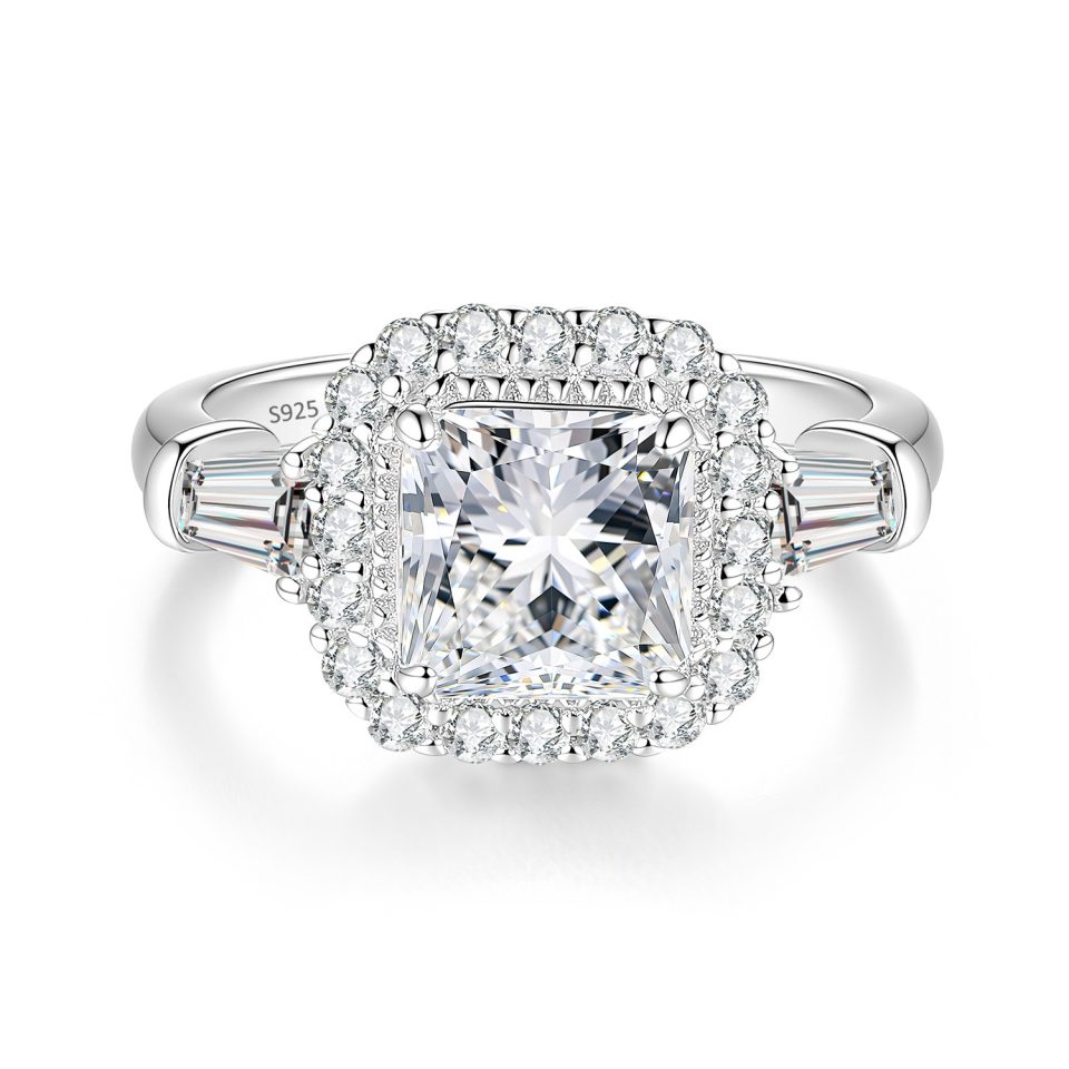2ct Princess Cut Moissanite Halo Ring with Baguette Side Stones