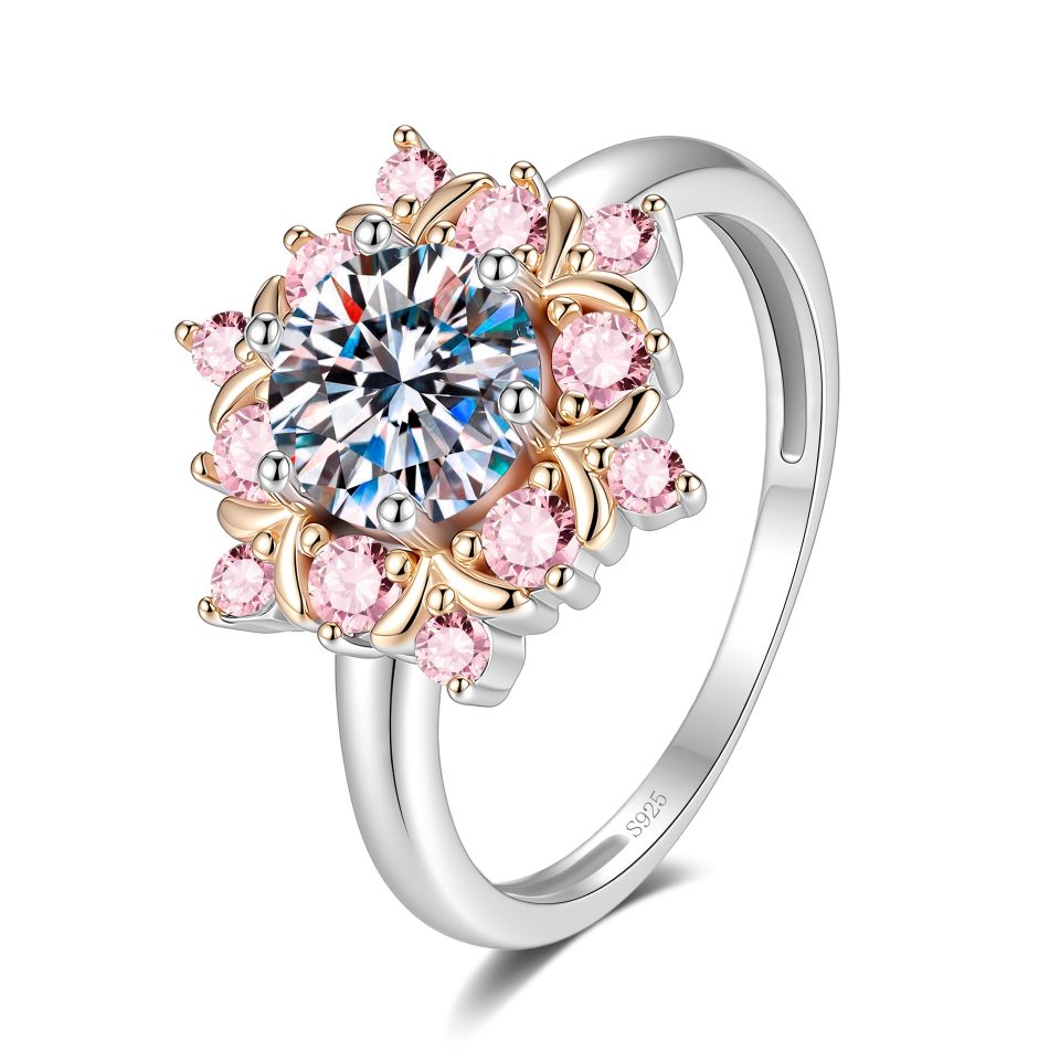 1ct Round Moissanite Two-Tone Halo Ring with Pink Accent Stones