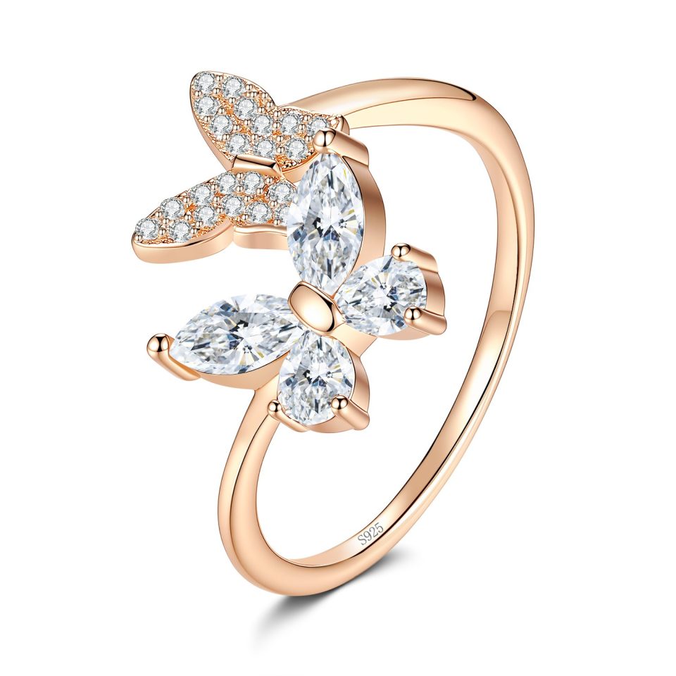 0.4ct Total Moissanite Double Butterfly Rose Gold Plated 925 Sterling Silver Ring
