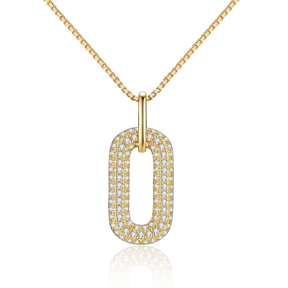 Pave Moissanite Paperclip Oval Pendant Necklace | Gold & Silver Tone Available