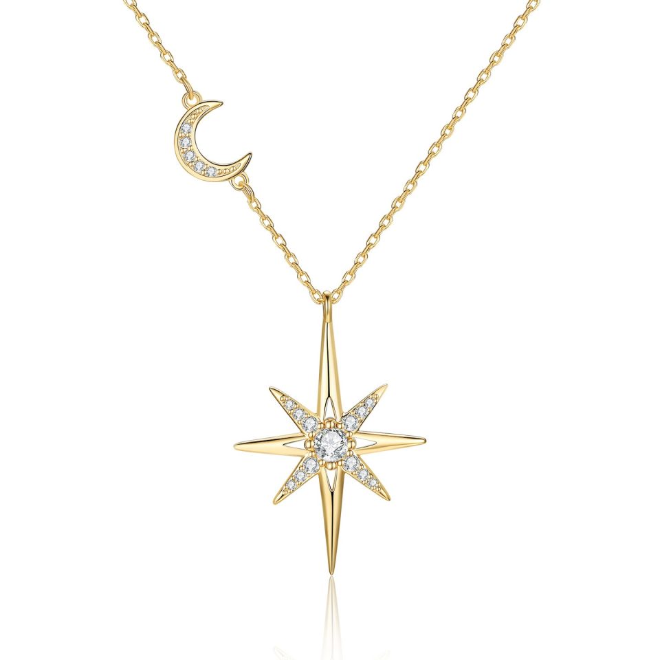 Star & Moon Moissanite Pendant Necklace | Gold & Silver Tone Available