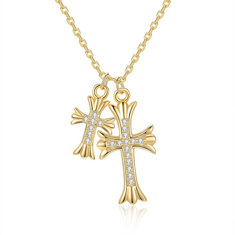 Dual Cross Pave Pendant Necklace | Gold Tone & Silver Tone Available