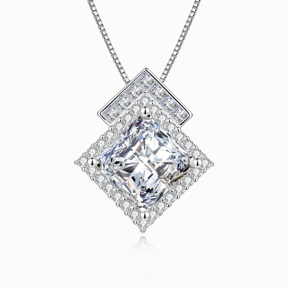 5CT Cushion Cut Halo Moissanite Square Pendant Necklace