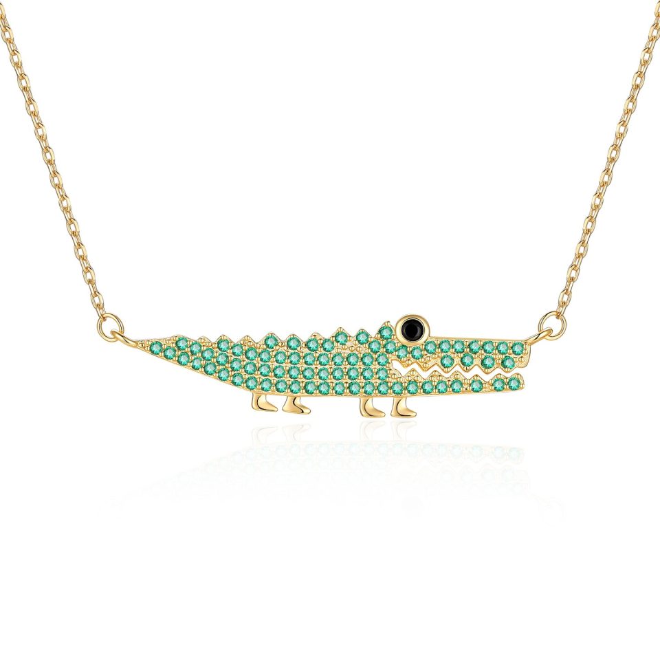 Pave Green Moissanite Crocodile Pendant Necklace | 925 Sterling Silver, Gold & Silver Tone Available