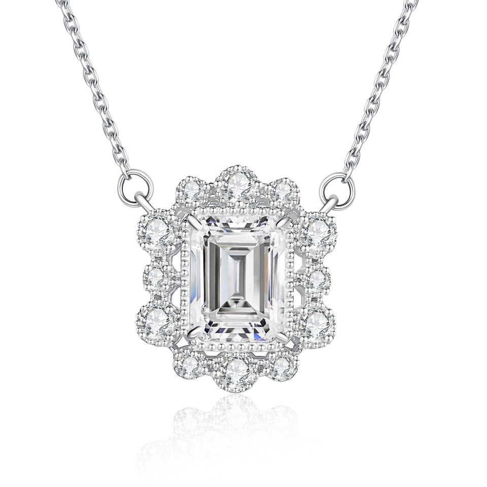 Emerald Cut 1CT Main Stone Halo Pendant Necklace