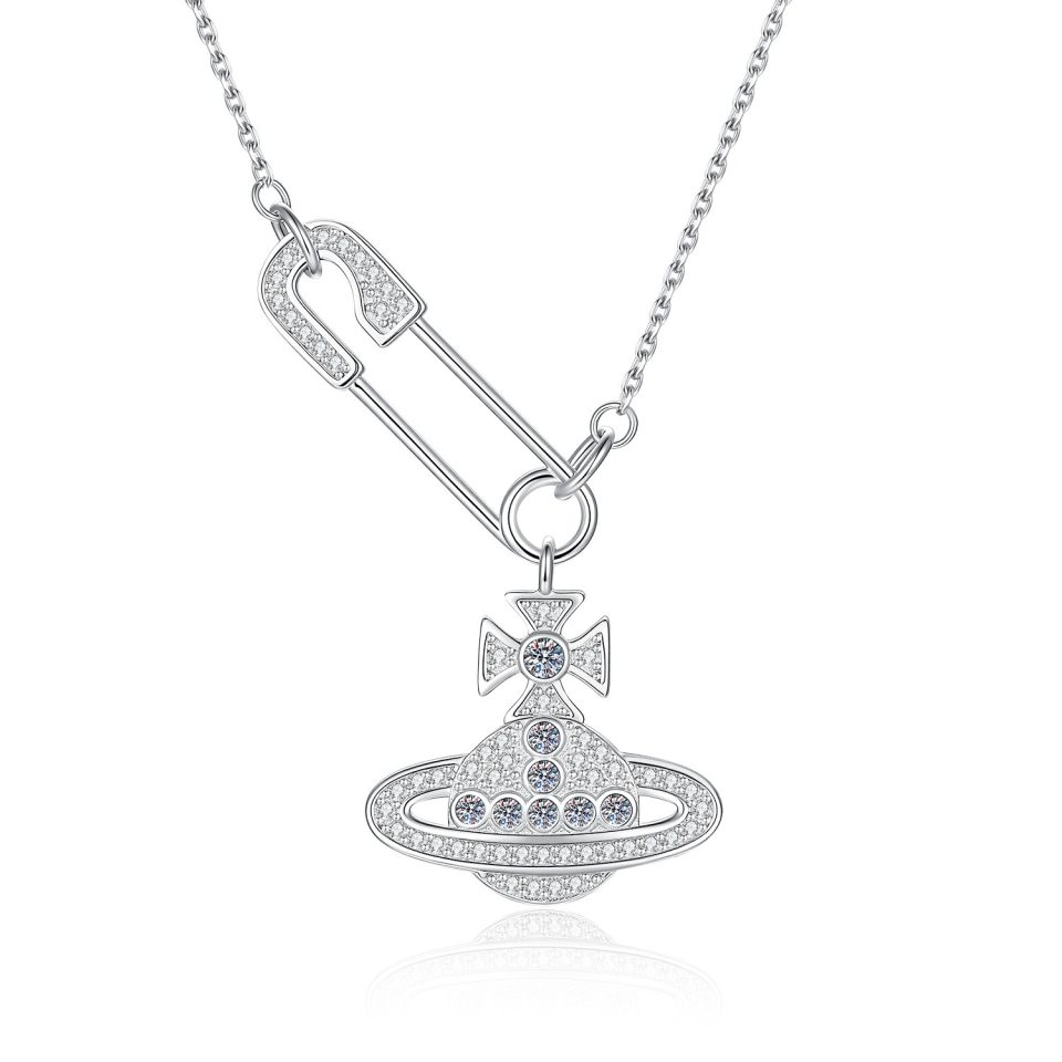 Safety Pin Saturn Orb Cross Pendant Necklace