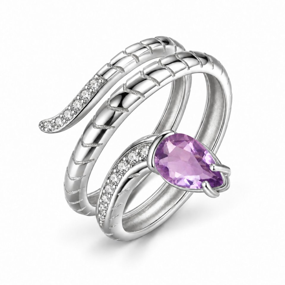 Pear‑Cut Natural Gemstone Snake Wrap Statement Ring