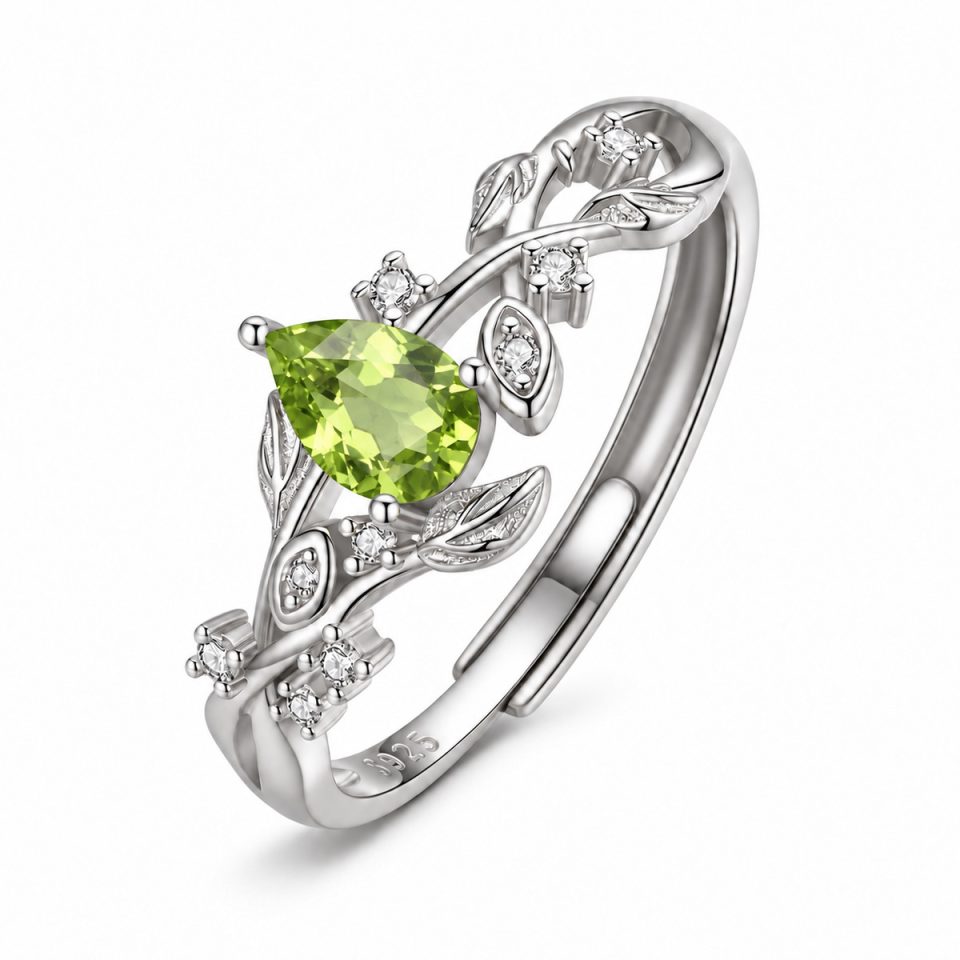 Pear‑Cut Natural Gemstone Twig Leaf Open Ring
