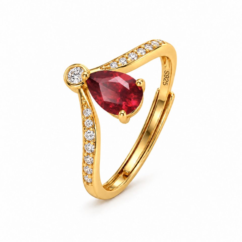 Teardrop Natural Gemstone V Shape Adjustable Open Ring | Gold & Silver