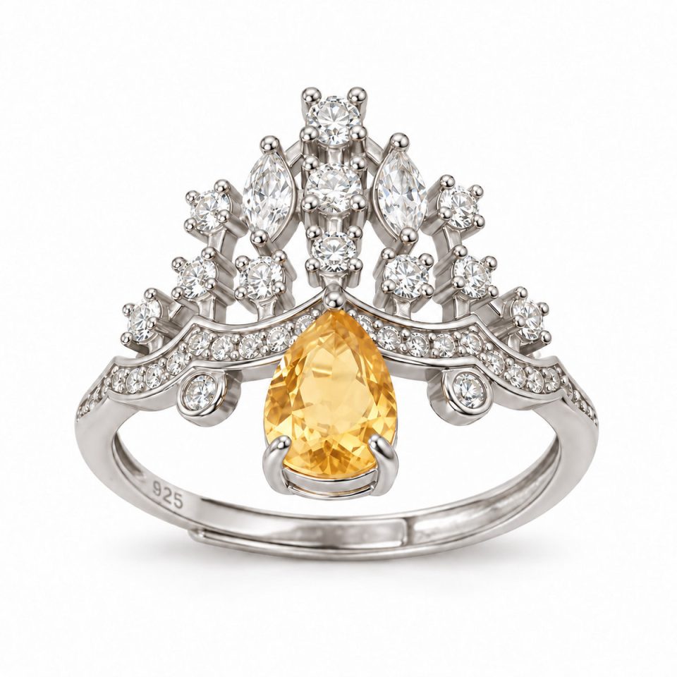 Crown Style Teardrop Natural Gemstone Adjustable Open Ring