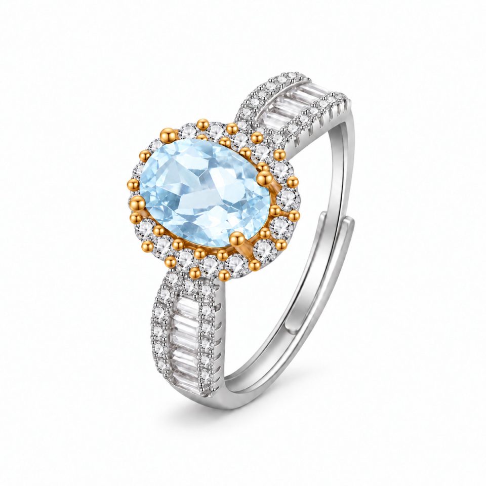 Oval Halo Natural Gemstone Two Tone Adjustable Open Ring