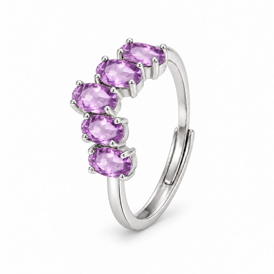 Five Stone Oval Natural Gemstone Band Adjustable Open Ring