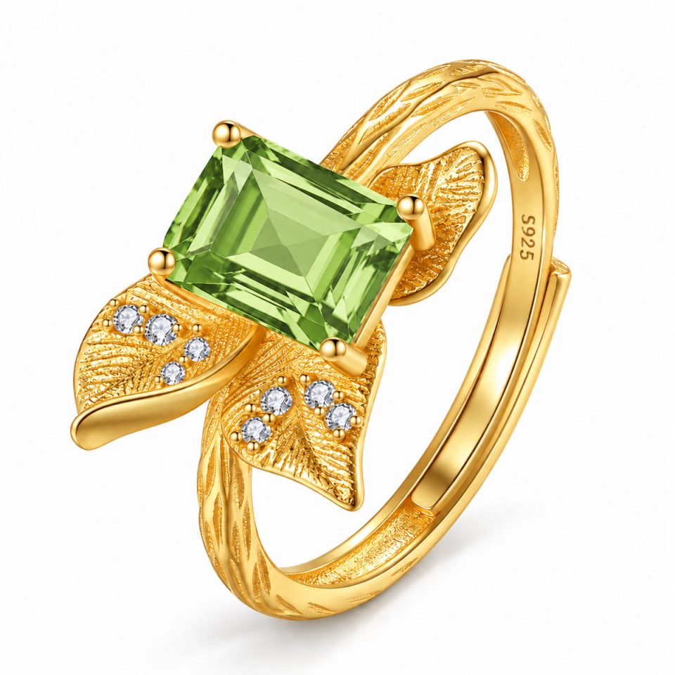 Square Cut Natural Gemstone Textured Leaf Adjustable Open Ring